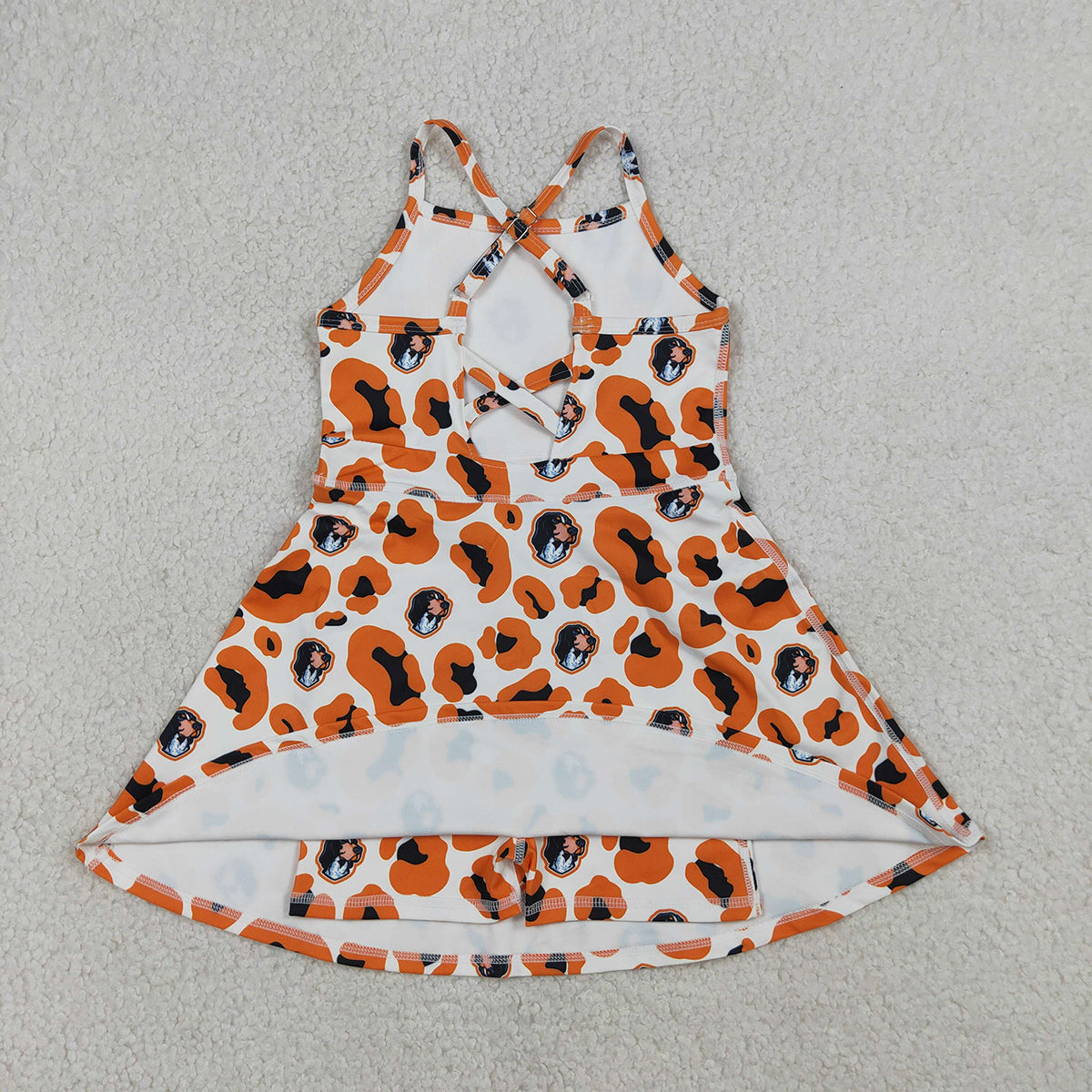 3.20 RTS NO MOQ （In stock）GSD3634 Kids Fashion Clothes Baby Girls Strap Orange Leopard Team Yoga Active Shorts Knee Length Dress