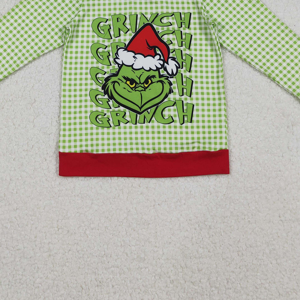 9.27 RTS NO MOQ （In stock）BT1321 Baby Boys Long Sleeve Tops Baby Boys Green Face Plaid Christmas Tee Shirts Top