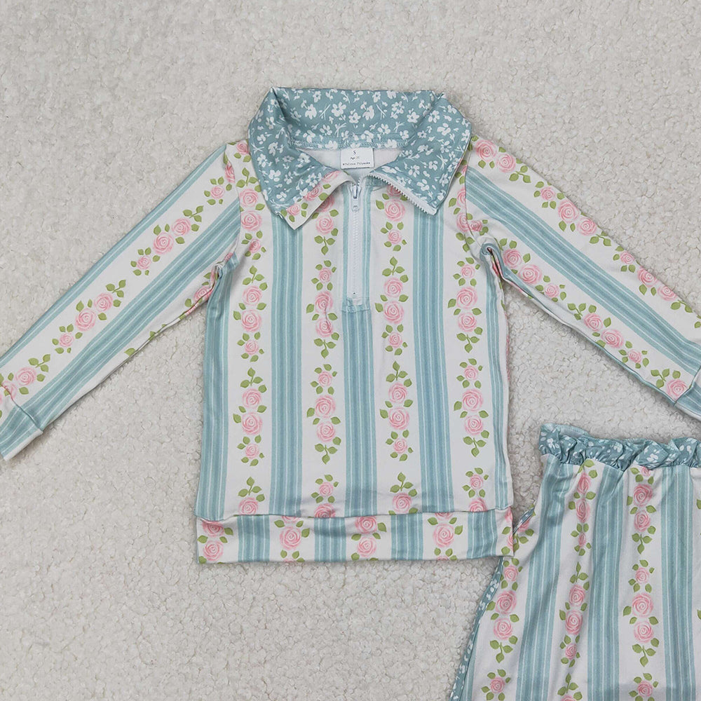 GLD1001 RTS NO MOQ Baby Girls Yoga Outfits  Baby Girls Aqua Long Sleeves Floral Stripe Zipper Pullover Skirts With Short Set