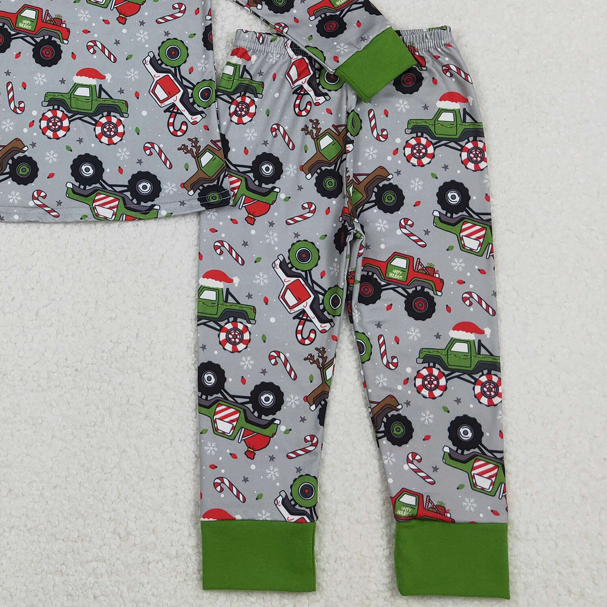 11.1 RTS NO MOQ （In stock）BLP1286 Baby Boys Winter Outfits Baby Boys Trucks Candy Cane Top Pants Christmas Pajamas Sets