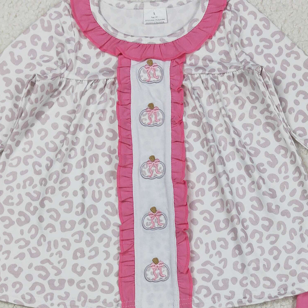 RTS NO MOQ （In stock）GLP2353 Baby Girls Winter Outfits Kids Girls Fall Pumpkin Leopard Tunic Top With Ruffle Pants Set