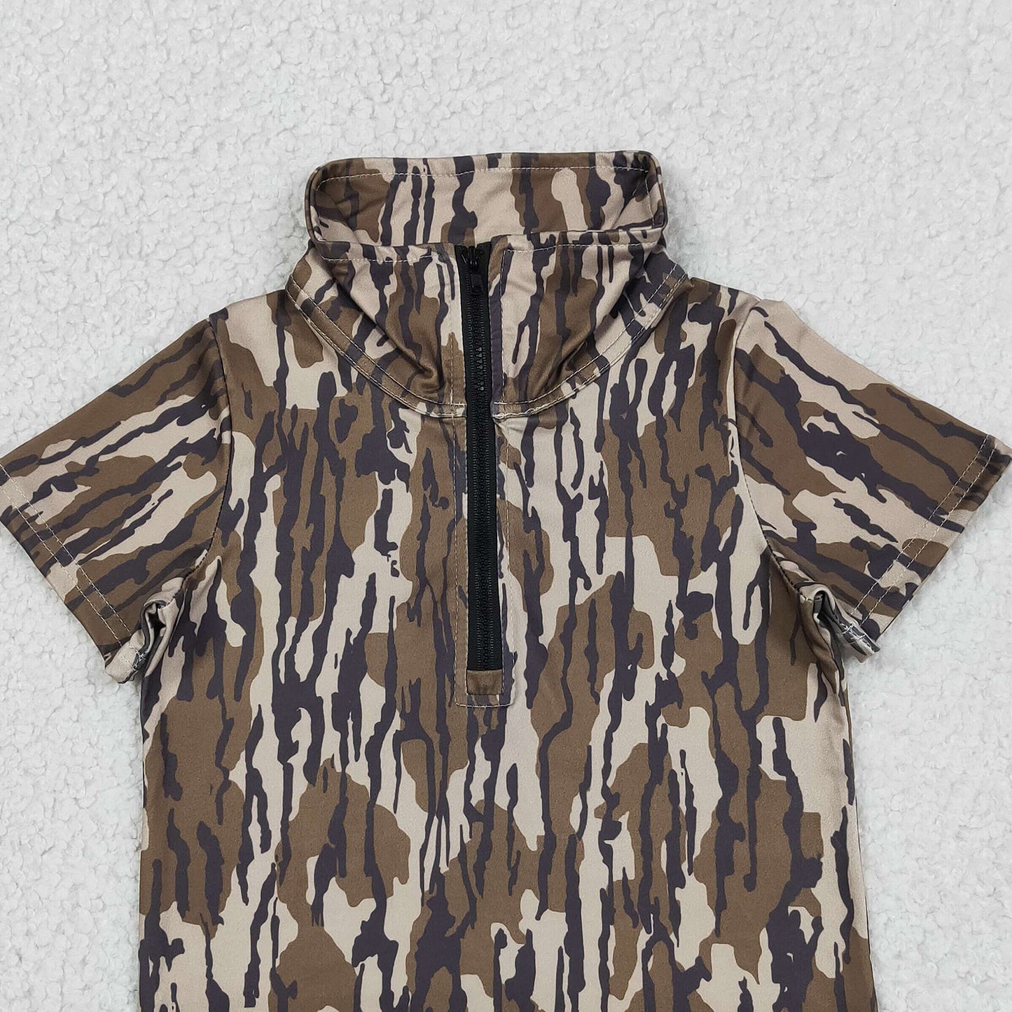 BT1726 RTS NO MOQ （In stock ）Baby Boys Short Sleeve Southern Olive Camo Zipper Pullovers Top