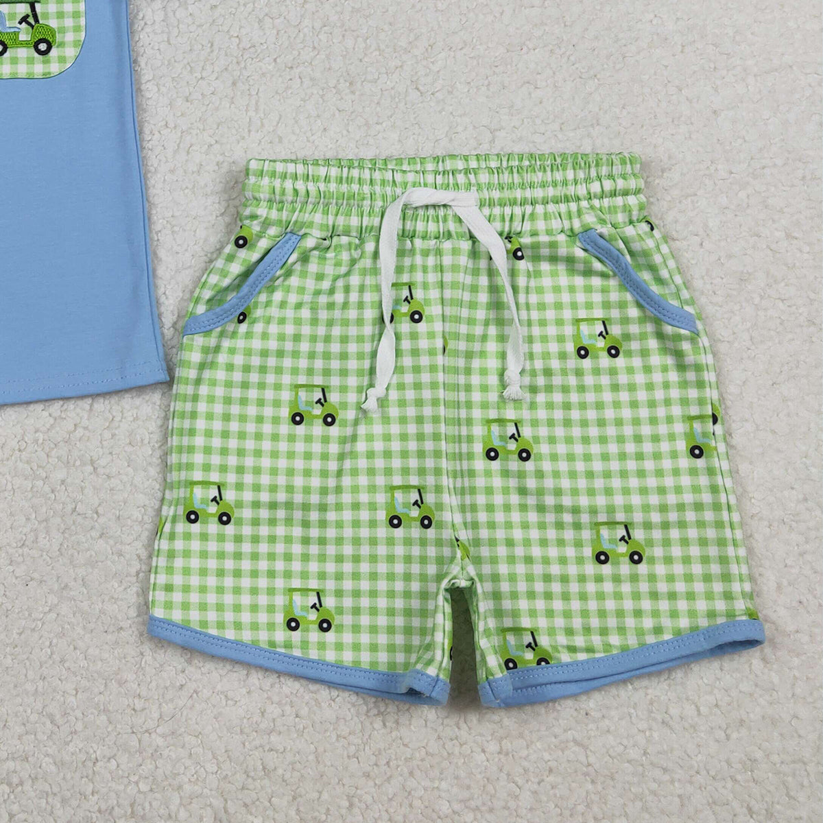 1.19 RTS NO MOQ （In stock）BSSO1672 Embroidery Golf Trucks Baby Boys Pockets Top Checked Shorts Clothes Sets