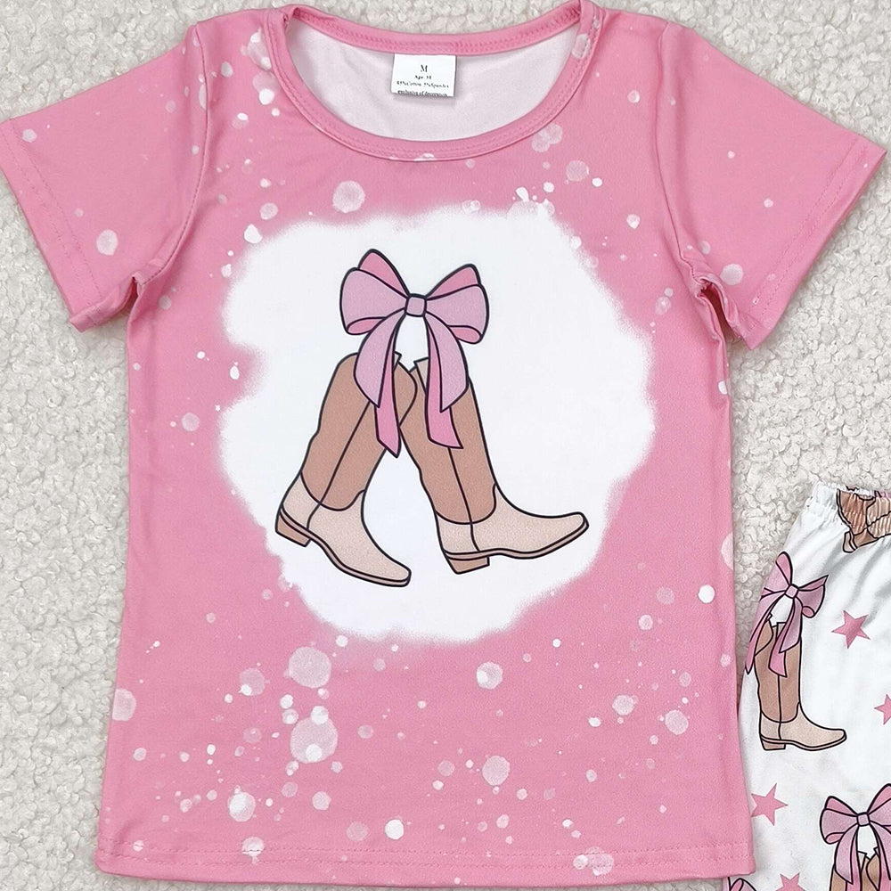 GSSO2354RTS NO MOQ Baby Girls Summer Outfits Girls Pink Bleached Bow Top Ruffle Shorts Set Cute Casual Outfit for Kids