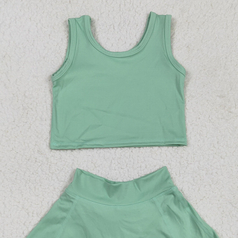 7.16  GSD1984 RTS NO MOQ Baby Girls Yoga Outfits Baby Girls Green Vest Top Sports Skorts Clothes Sets