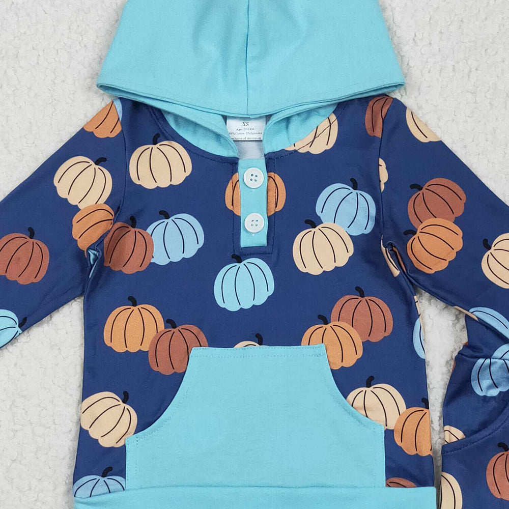 RTS NO MOQ （In stock）BLP1154 Baby Boys Winter Outfits Baby Boys Colorful Pumpkins Pocket Button Hoodies Legging Pants Sets