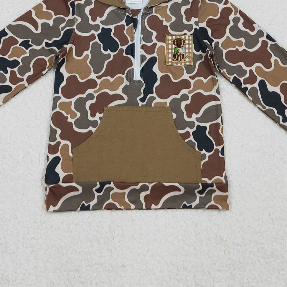 10.10 RTS NO MOQ （In stock）BT1300 Embroidery Dog Duck Baby Boys Brown Camo Pocket Zip Hunting Hoodies