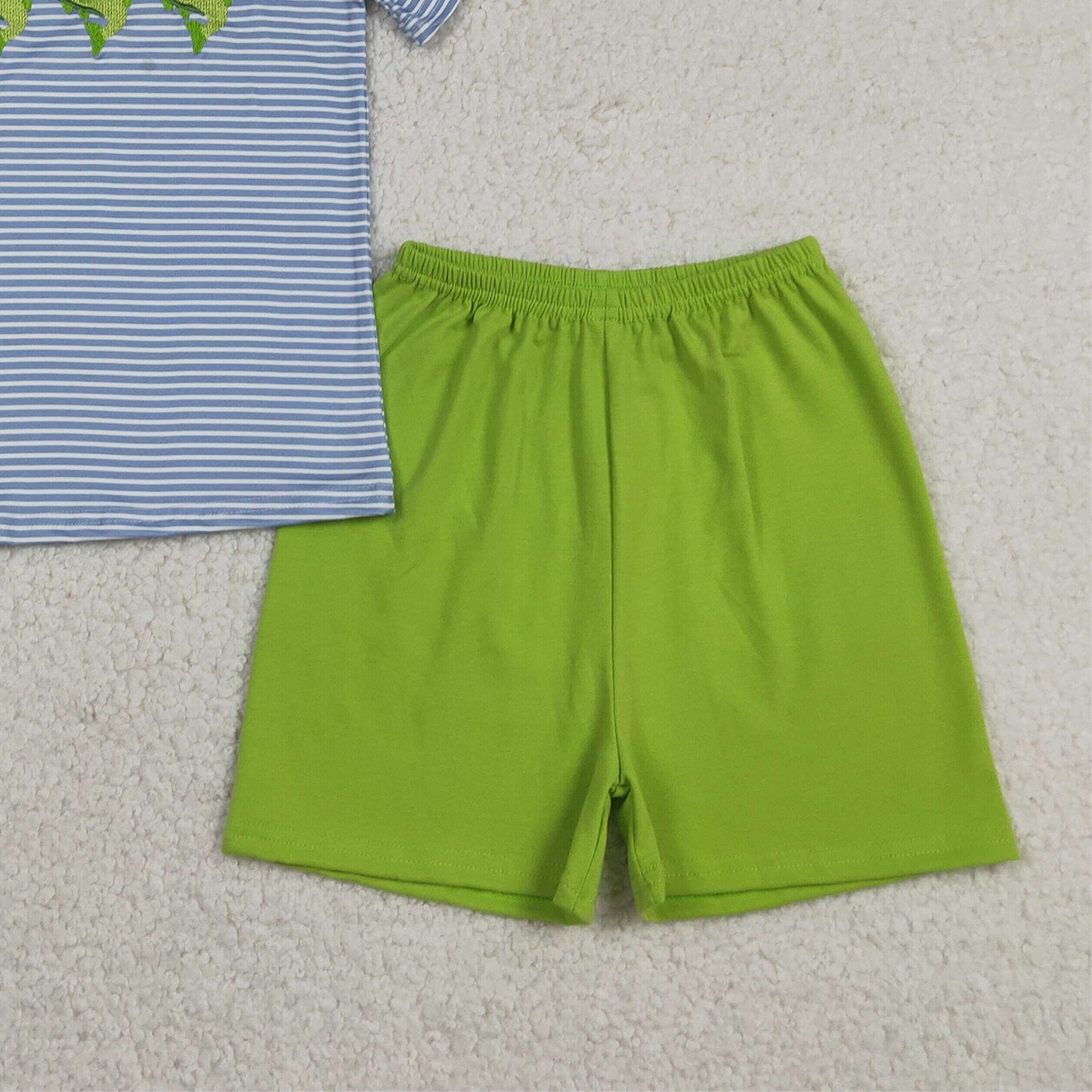 BSSO2001 RTS NO MOQ （In stock ）Embroidery Fishes Baby Boys Short Sleeve Stripe Top Short Hunting Clothes Sets