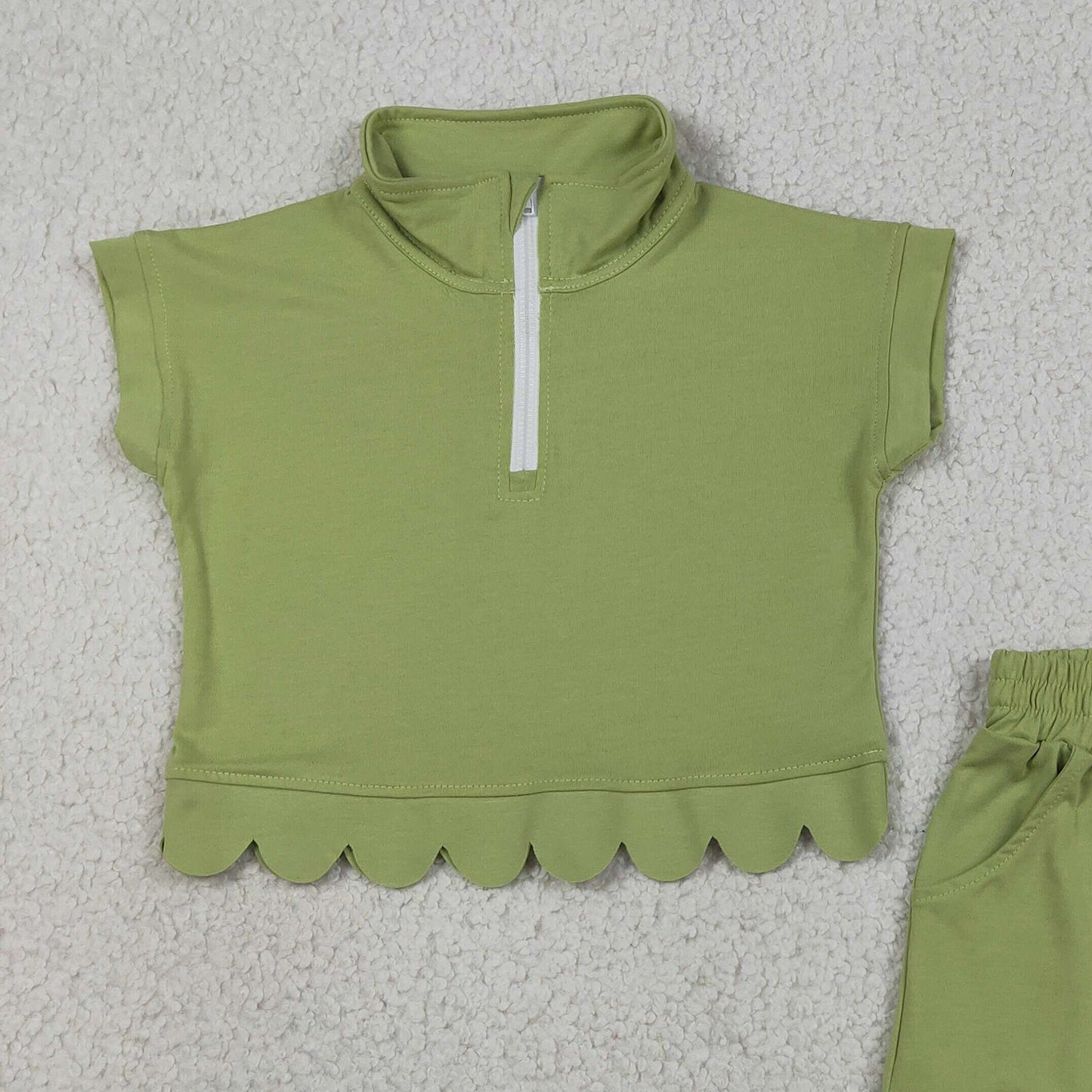 GSSO3375 RTS NO MOQ （In stock ）Green scallop pullover shorts girls summer outfits