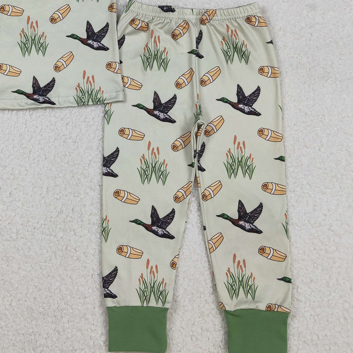 12.5 RTS NO MOQ （In stock）BSPO0635 Baby Boys Green Ducks Calls Top Pants Hunting Pajamas Sets