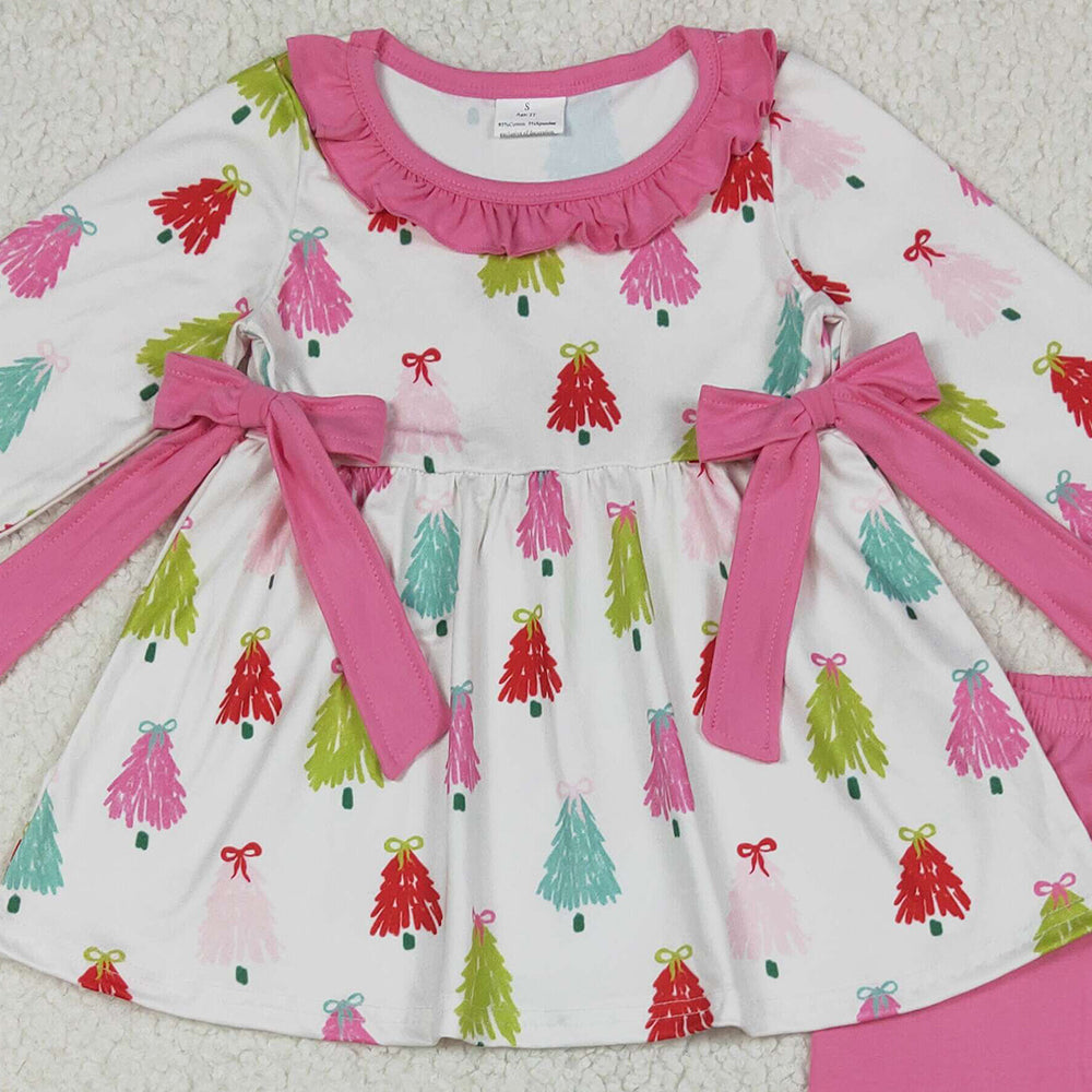 GLP2422RTS NO MOQ Baby Girls Winter Outfits Baby Girls Long Sleeves Bows Trees Tunic Ruffle Pant Set