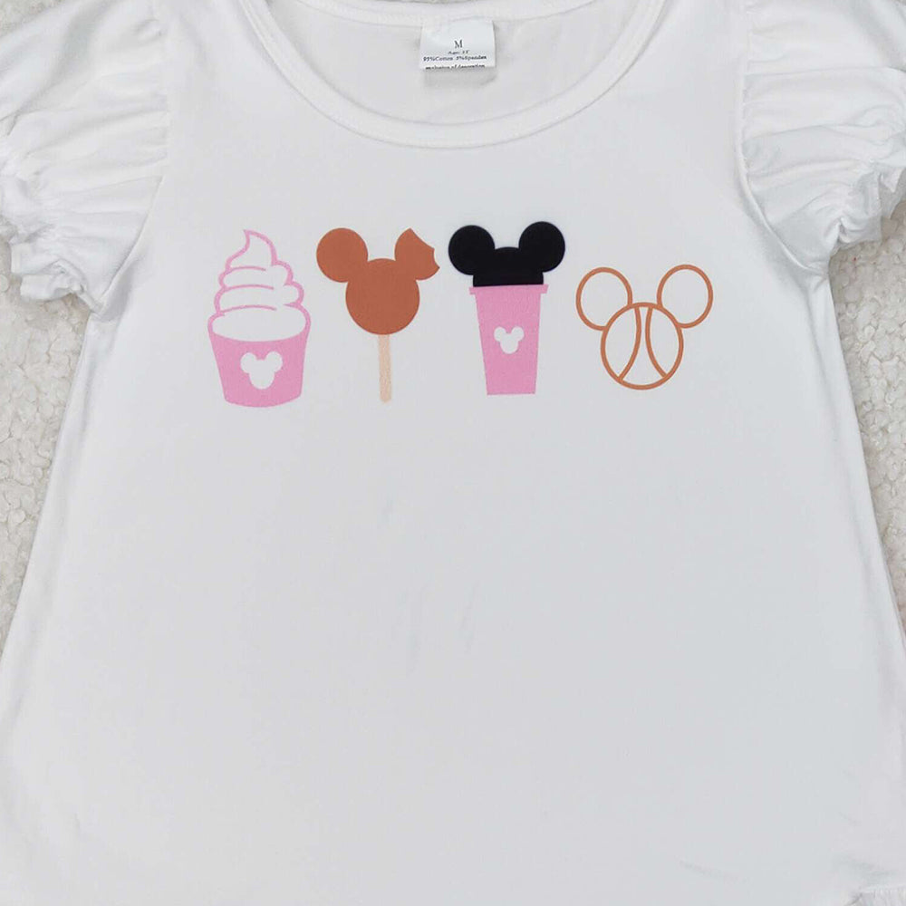 GSSO2127 New Rts No Moq 8-9 Days By Air Arrived it White mouse snacks top ruffle shorts girls clothing