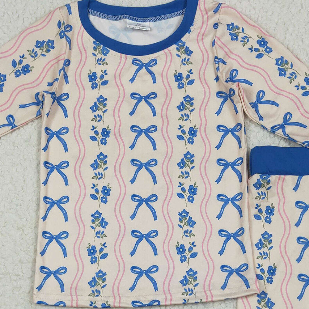 RTS NO MOQ （In stock）GLP2505  Baby Girls Winter Outfits Baby Girls Long Sleeves Blue Bows Flower Stripe Top Pants Pajamas Sets