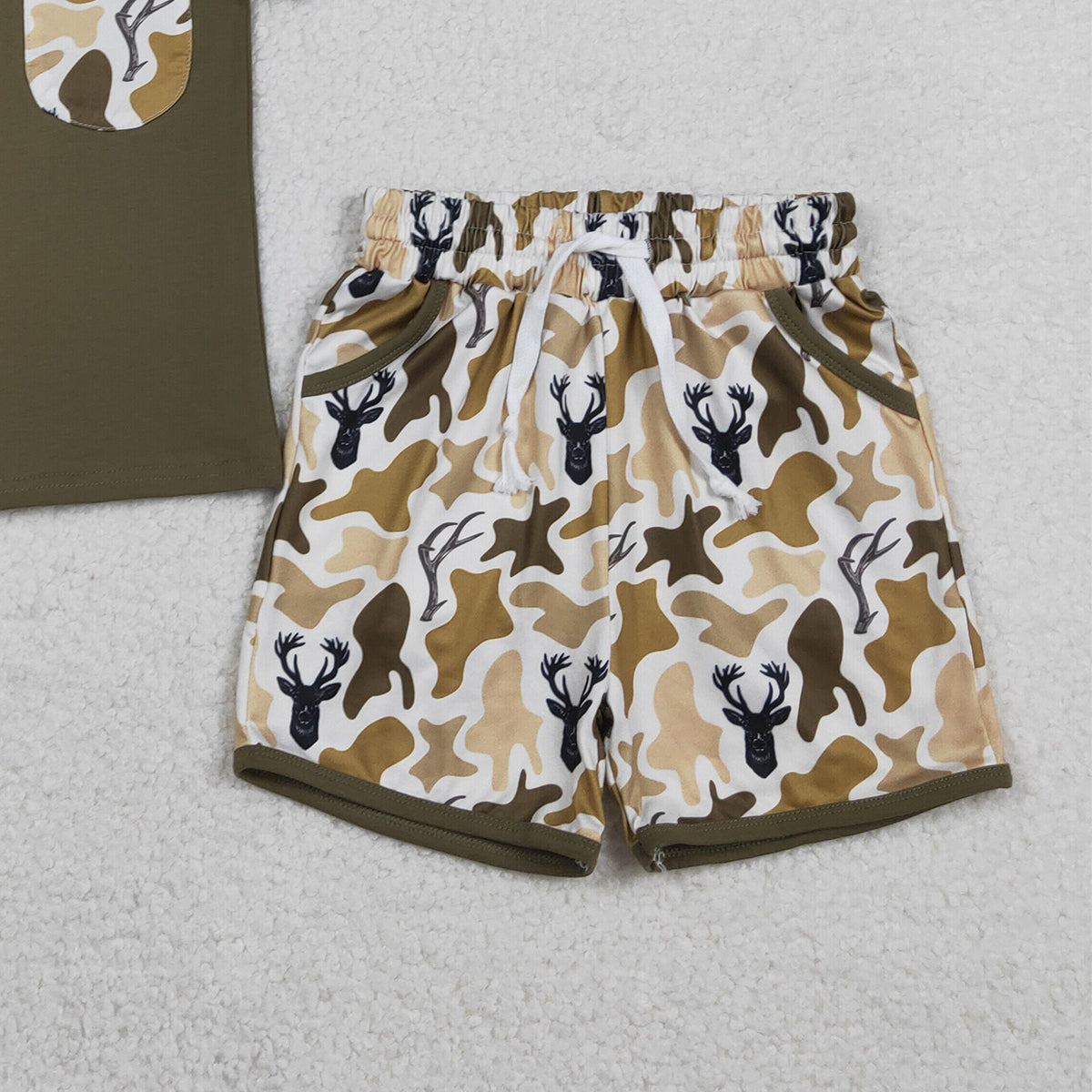 1.24 RTS NO MOQ （In stock）BSSO1845 Baby Boys Shirts Top Deer Camo Pockets Shorts Hunting Clothes Sets