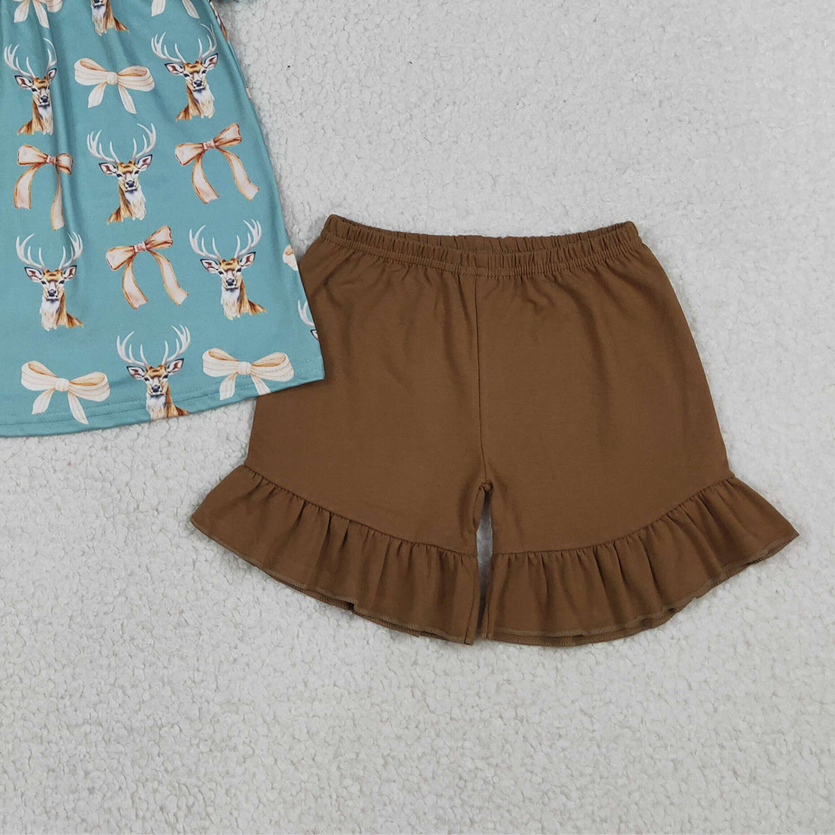 4.9 GSSO3212 RTS NO MOQ （In stock ）Short sleeves deer bow tunic ruffle shorts girls outfits