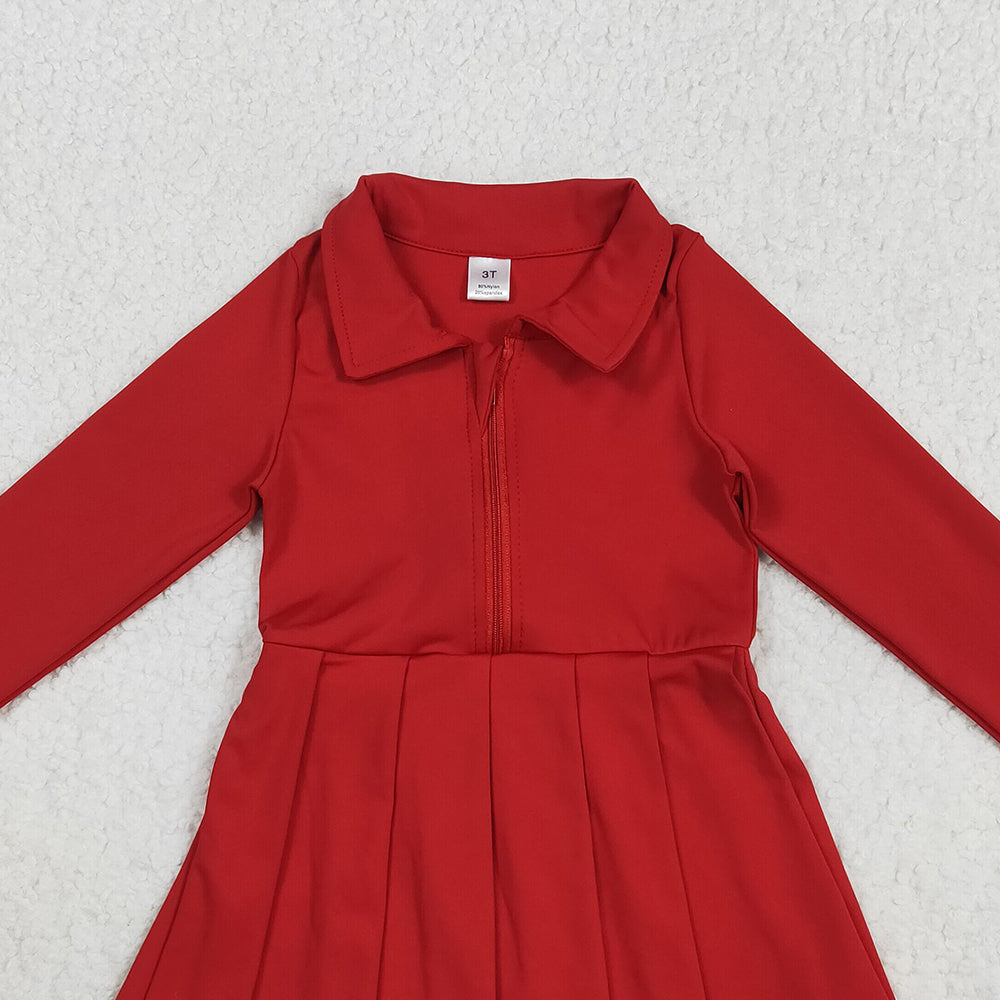 RTS NO MOQ （In stock）GLD1153 Baby Girls Yoga Dress Baby Girls Yoga Red Long Sleeves Zipper Knee Length Dresses