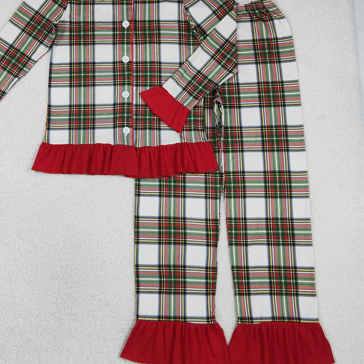 11.13 RTS NO MOQ （In stock）GLP2827 Adult Women Green Red Checked Button Top Ruffle Pant Christmas Pajamas Sets