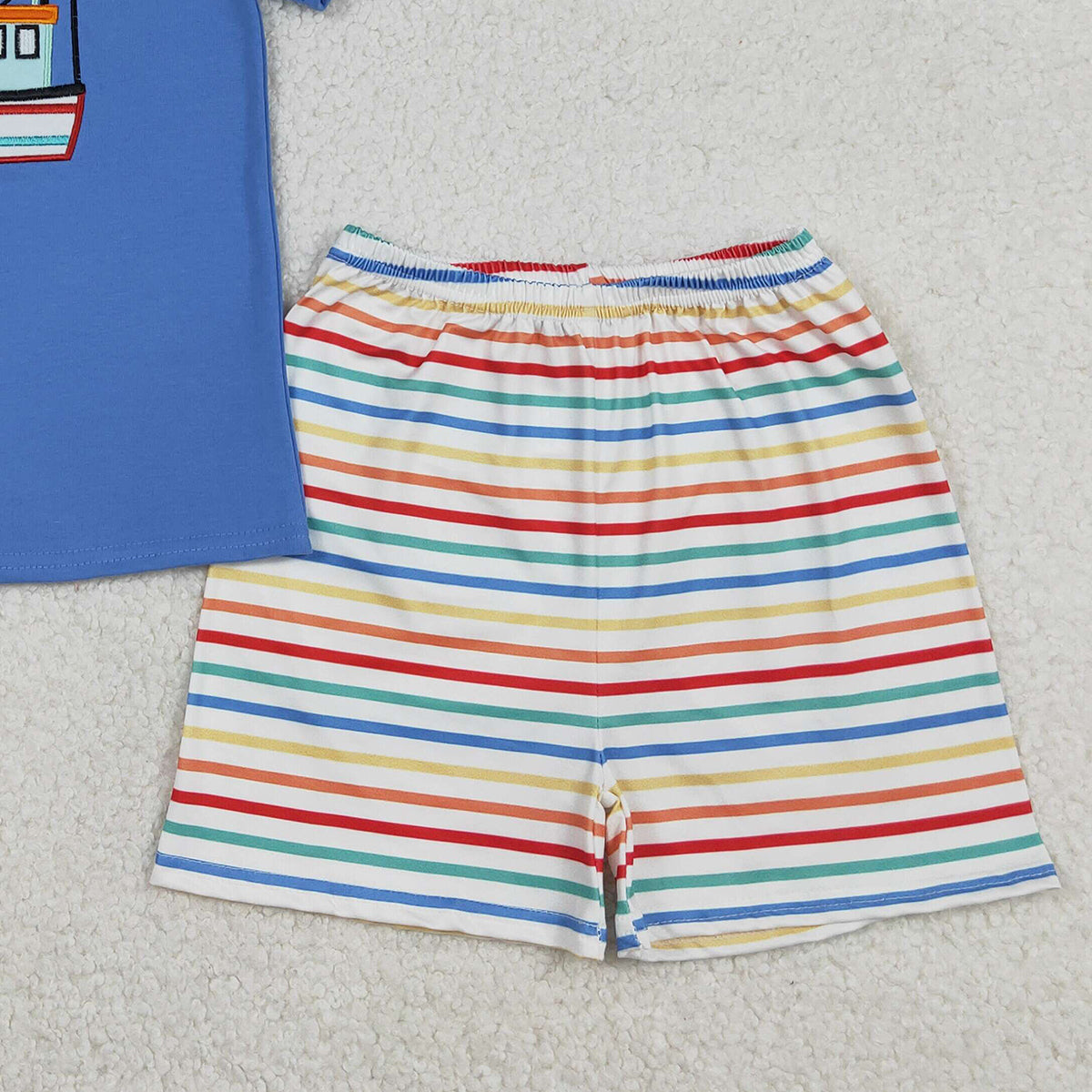 1.7 RTS NO MOQ （In stock）BSSO1754 Embroidery Boats Baby Boys Blue Shirt Top Stripe Shorts Clothes Set