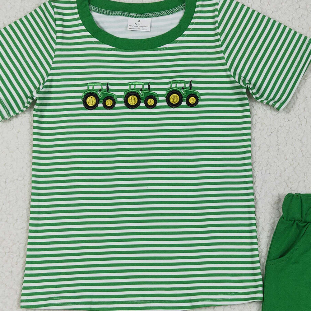 6.03 BSSO1374 RTS NO MOQ Baby Boys Summer Boys Outfits Embroidery Baby Boys Green Farm Trucks Tops Pockets Shorts Clothes Sets