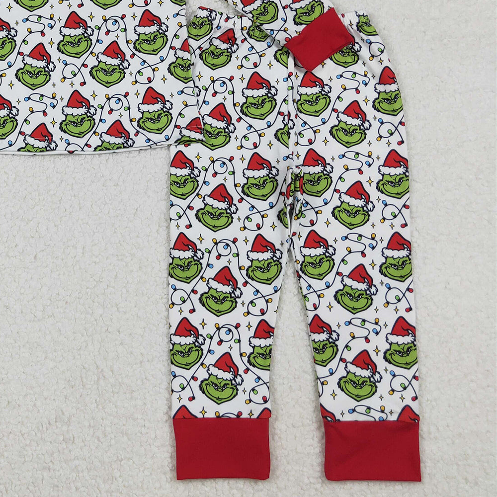 RTS NO MOQ （In stock）BLP1225  Baby Boys Winter Outfits Christmas Lights Green Faces Top Pant Pajamas Set