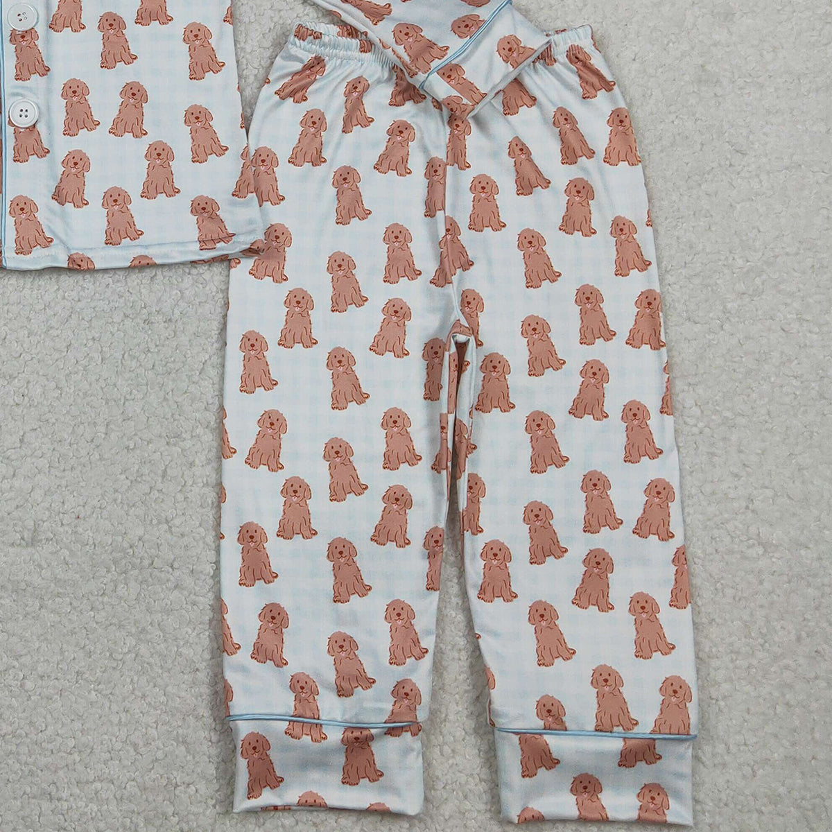 2.3 RTS NO MOQ （In stock）BLP1408 Baby Boys Blue Checked Dogs Button Pocket Top Pant Pajamas Sets