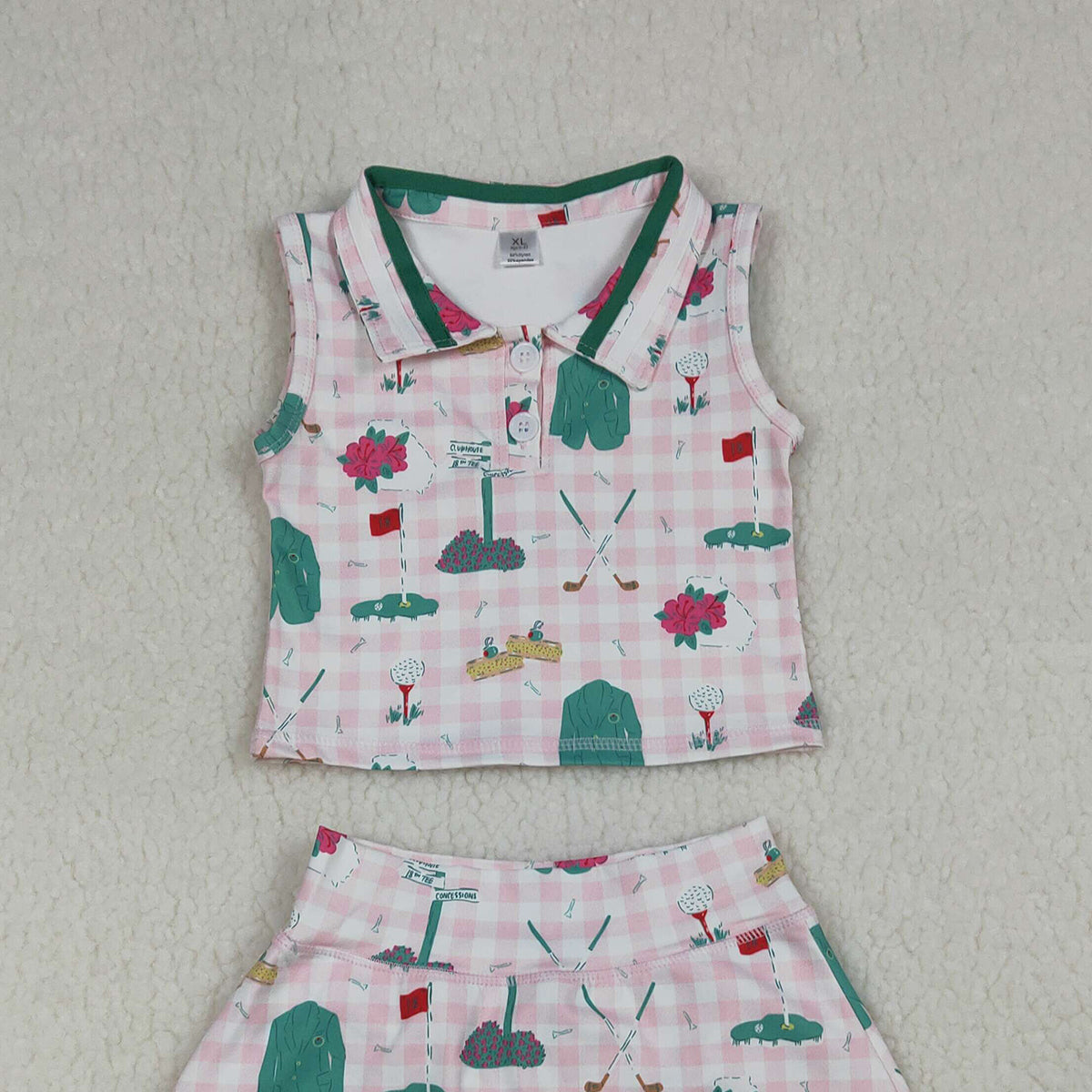 3.21 RTS NO MOQ （In stock）GSD3520 Kids Clothing for Baby Girls Sleeveless Pink Checked Golf Flags Button Top Skirt Short Yoga Active Clothes Sets