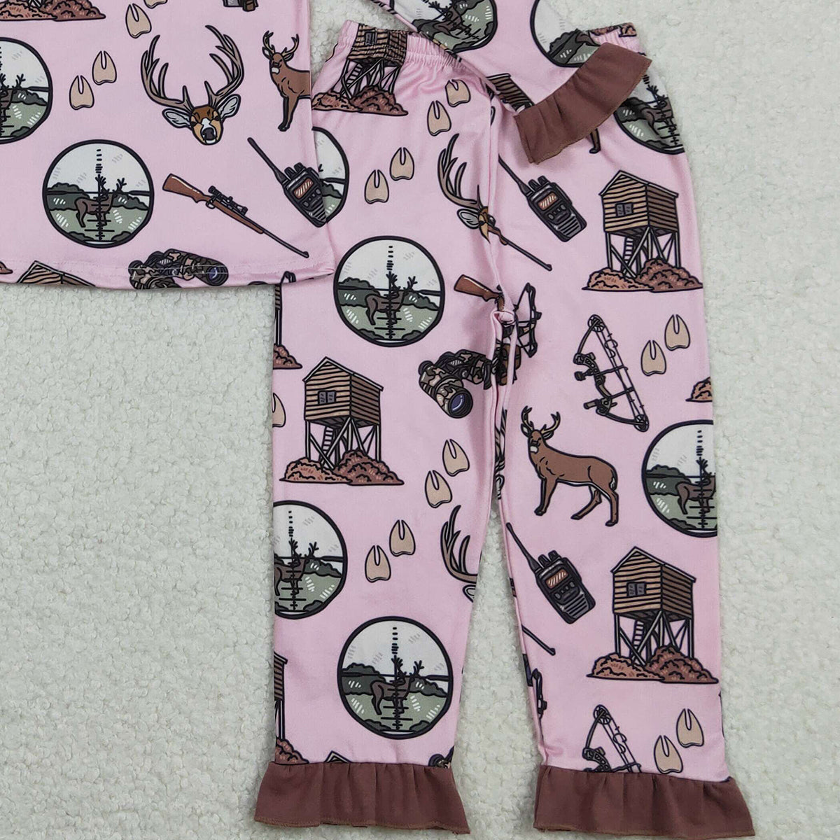 11.24 RTS NO MOQ （In stock）GLP2741 Baby Girls Deer Hunting Top Ruffle Pant Pajamas Set
