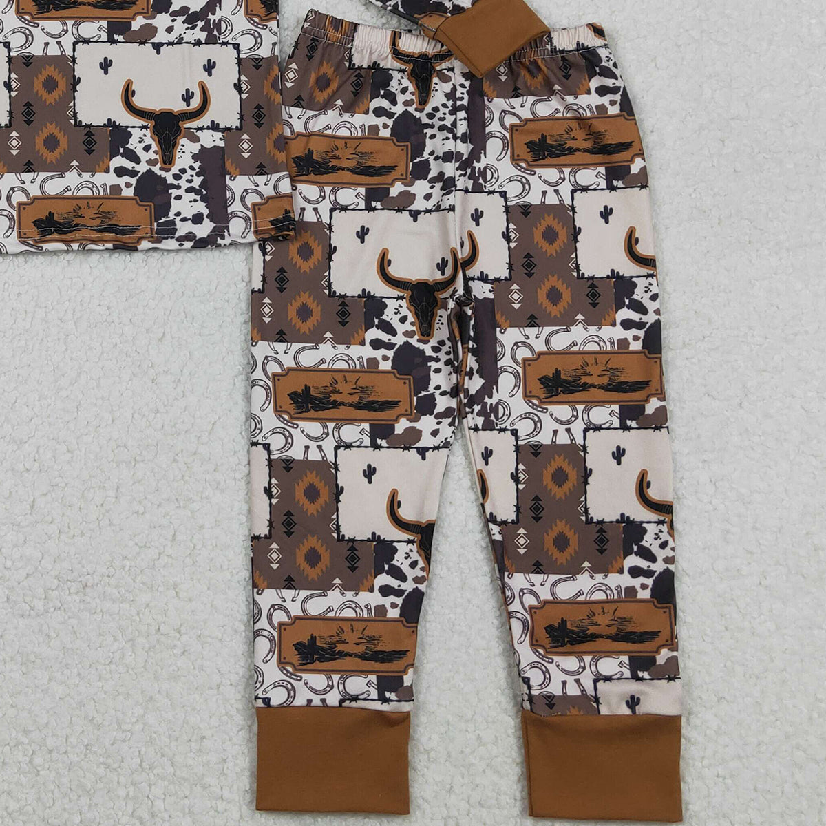 11.18 RTS NO MOQ （In stock）BLP1200 Baby Boys Bull Skull Aztec Checked Top Pants Western Pajamas Set
