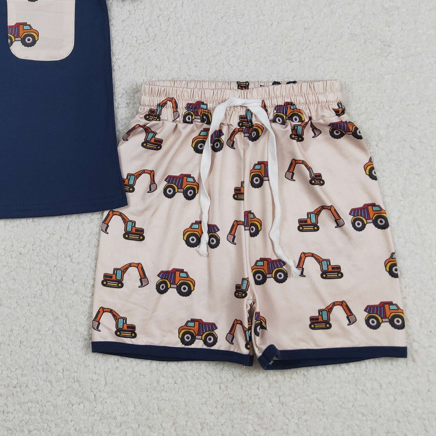 BSSO1364 RTS NO MOQ （In stock ）Baby Boys Navy Shirts Pocket Top Excavators Shorts Clothes