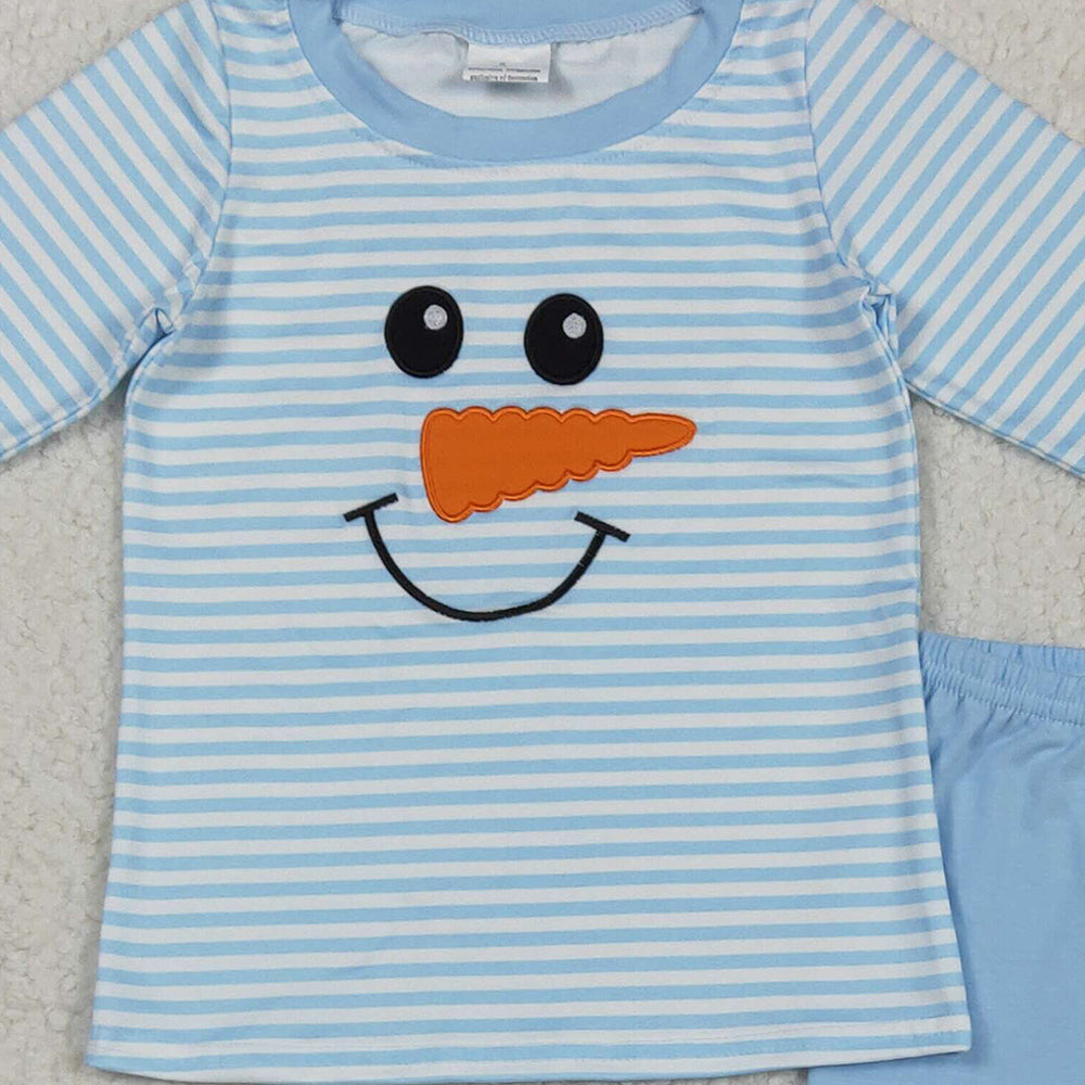 RTS NO MOQ （In stock）BLP1150 Baby Boys Winter Outfits Embroidery Baby Boys Light Blue Stripe Winter Snowman Top Pant Pajamas Sets