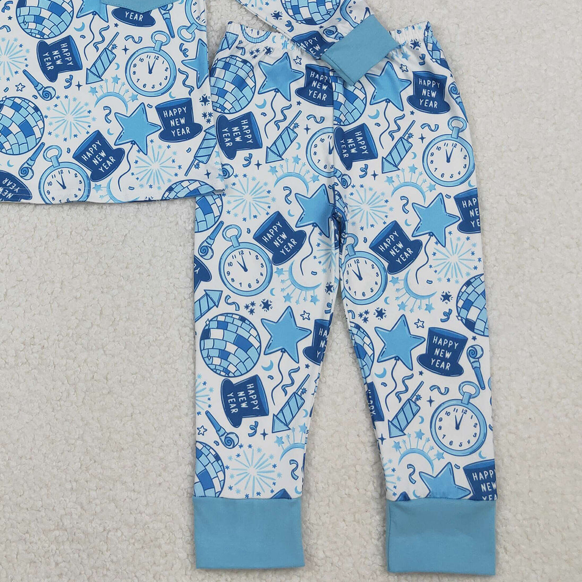 10.20 RTS NO MOQ （In stock）BLP1259 Baby Boys Winter Outfits Baby Boys Blue Pocket Happy New Year Top Pant Pajamas Set