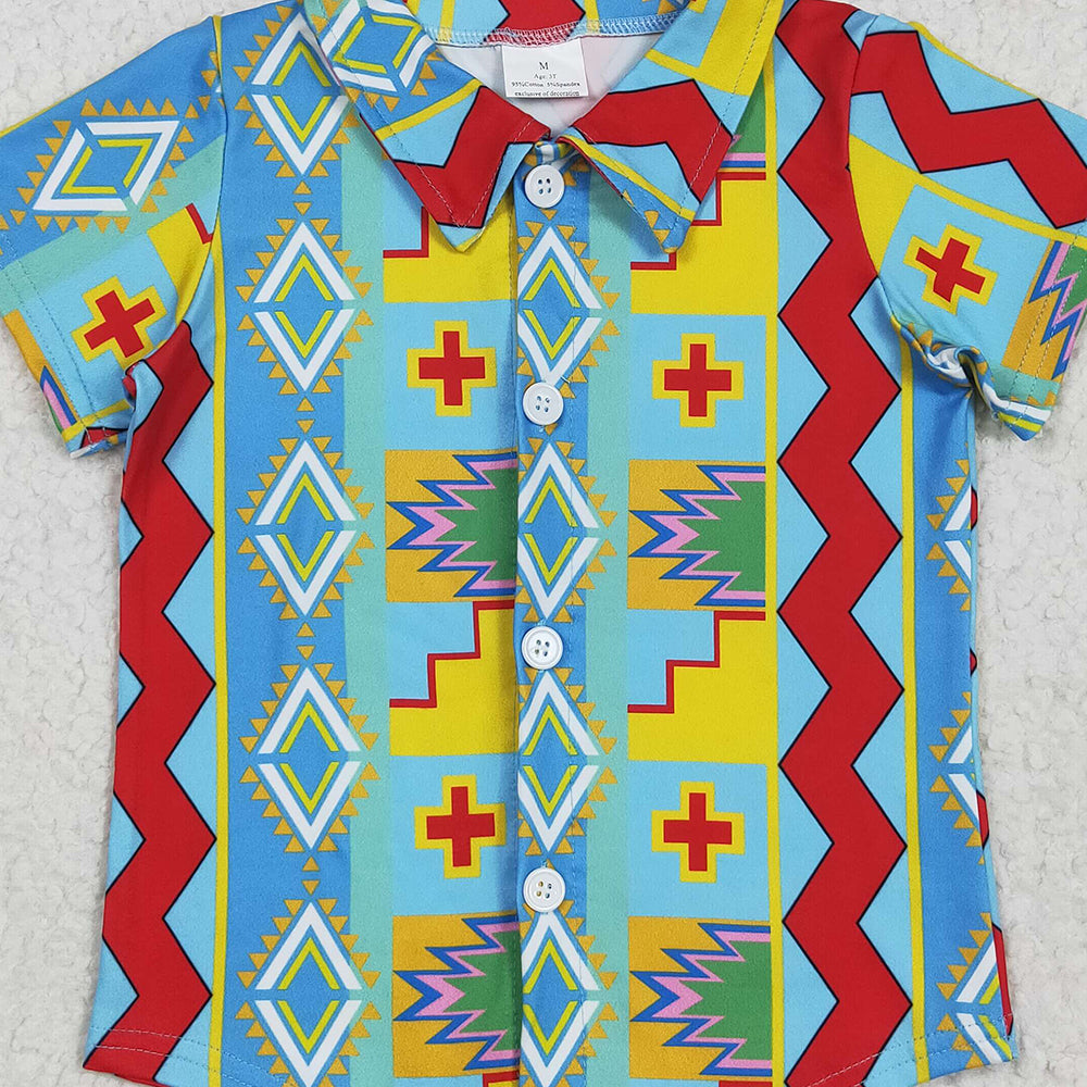 6.18 BT1225 RTS NO MOQ Baby Boys Short Sleeves Colorful Aztec Print Button Shirts Top