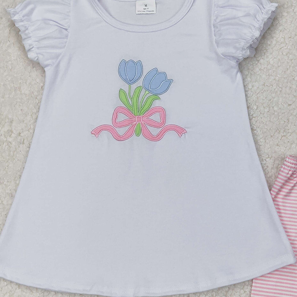 4.08 GSSO2275 RTS NO MOQ White short sleeves tulip top pink stripe shorts girls clothes