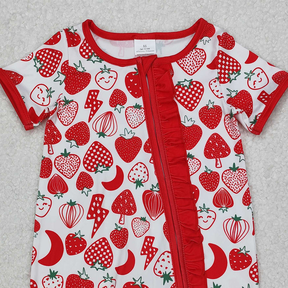 SR2500Strawberry Baby Girls Zipper Romper Short Sleeves Cute Infant Outfit Pink Onesie for Newborns And Toddlers