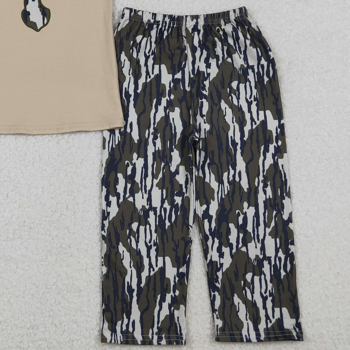 10.27 RTS NO MOQ （In stock）BSPO0582 Embroidery Camo Deer Baby Boys Top Flare Pant Hunting Set