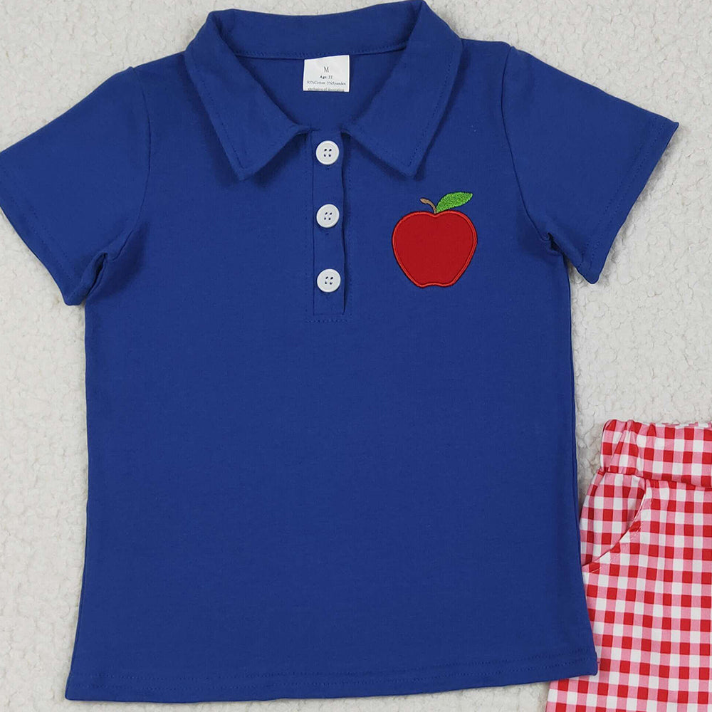 BSSO1397 RTS NO MOQ Baby Boys Summer Boys Outfits Embroidery Baby Boys Hot Navy Short Sleeves Button Down Apple Top Red Plaid Pockets Short Set