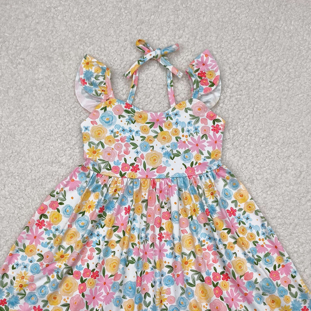 GSD2207 RTS NO MOQ Baby Girls Summer Dress  Kids Girls Yellow Floral Backless Dress with Flutter Sleeves Cute Casual Summer Dress for Girls