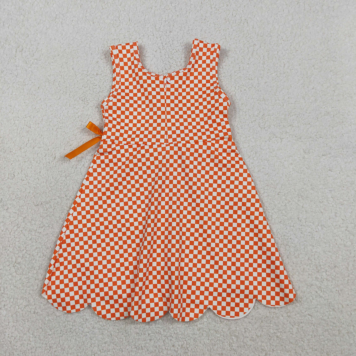 3.30 RTS NO MOQ （In stock）GSD3428 Sleeveless orange plaid scallop kids girls athletic dress