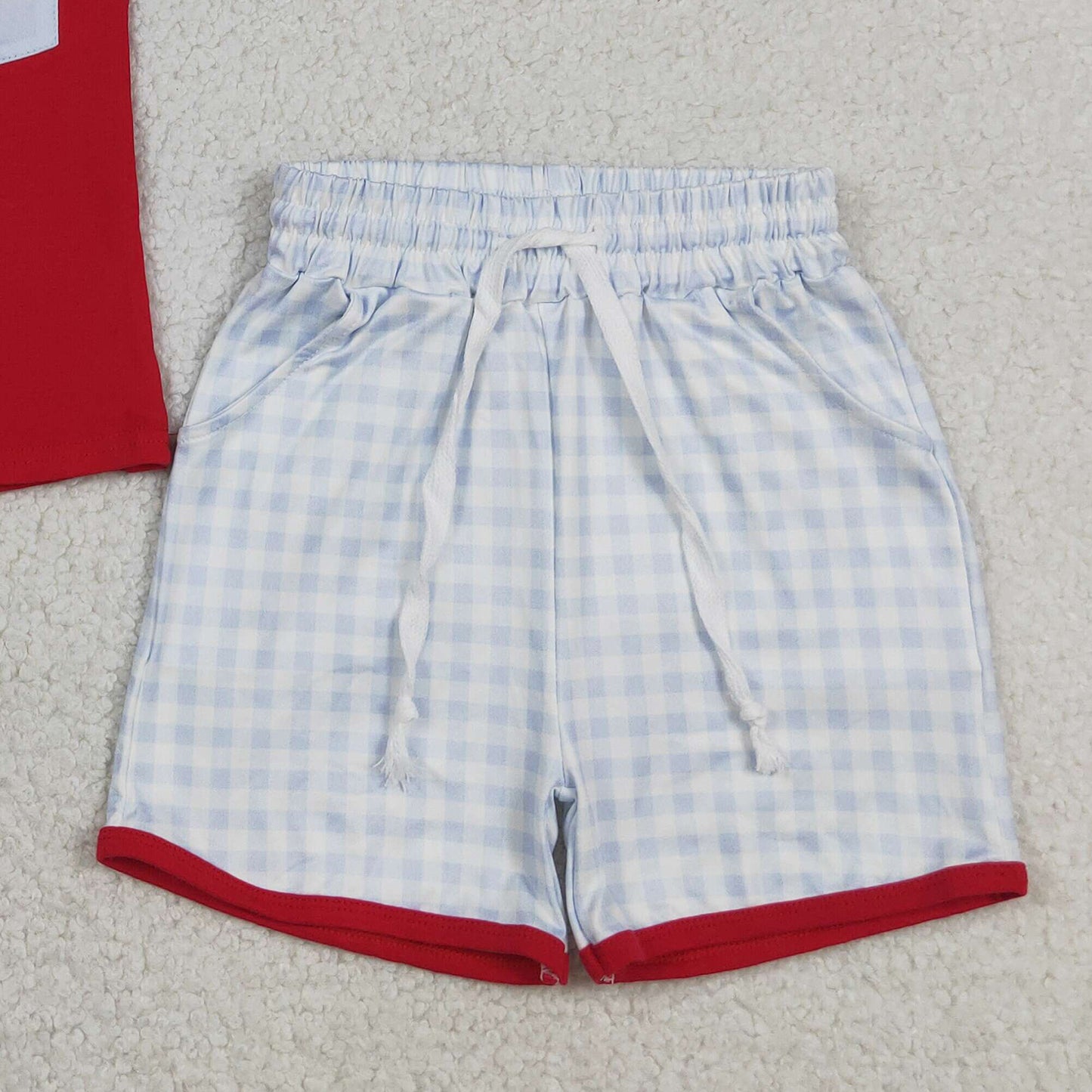 BSSO1692 RTS NO MOQ （In stock ）Short sleeves strawberry pocket top plaid shorts boys outfits