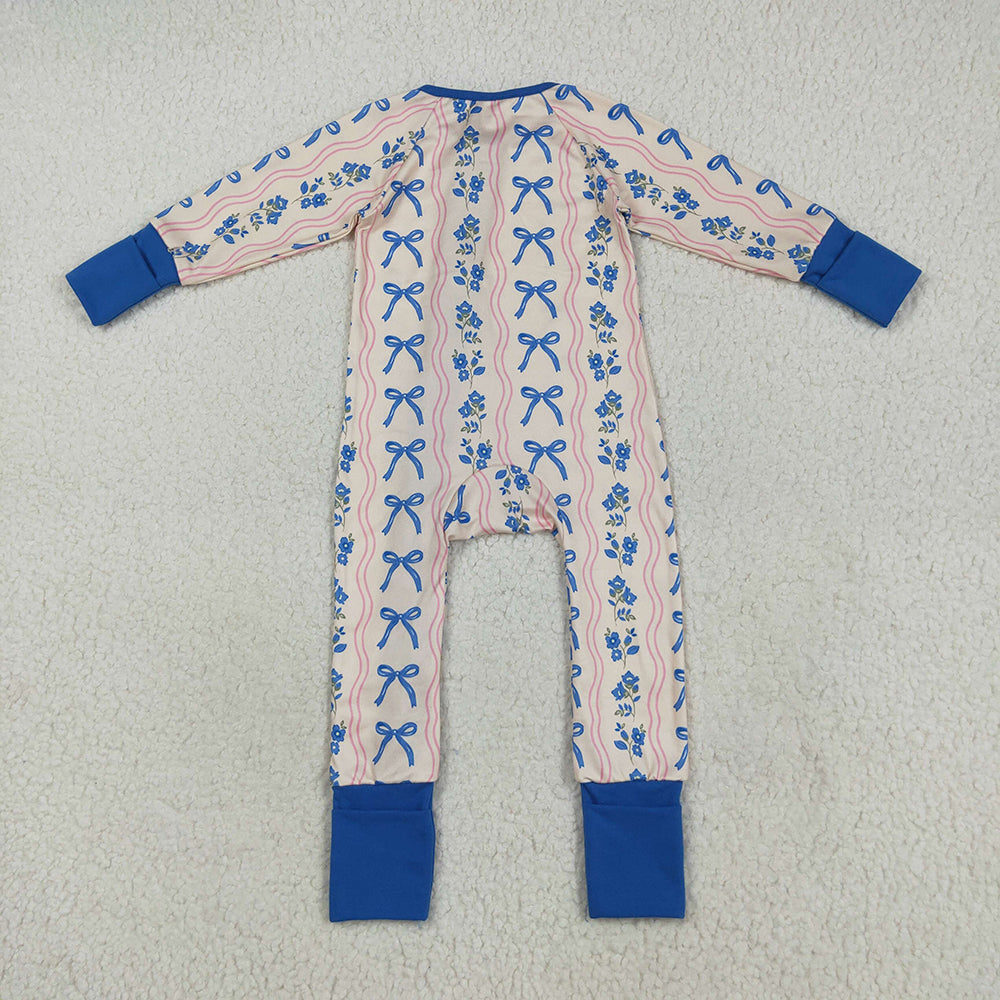 RTS NO MOQ （In stock） LR2327 Baby Girls Winter Rompers Baby Girls Long Sleeves Blue Bows Flowers Stripe Zipper Pant Rompers