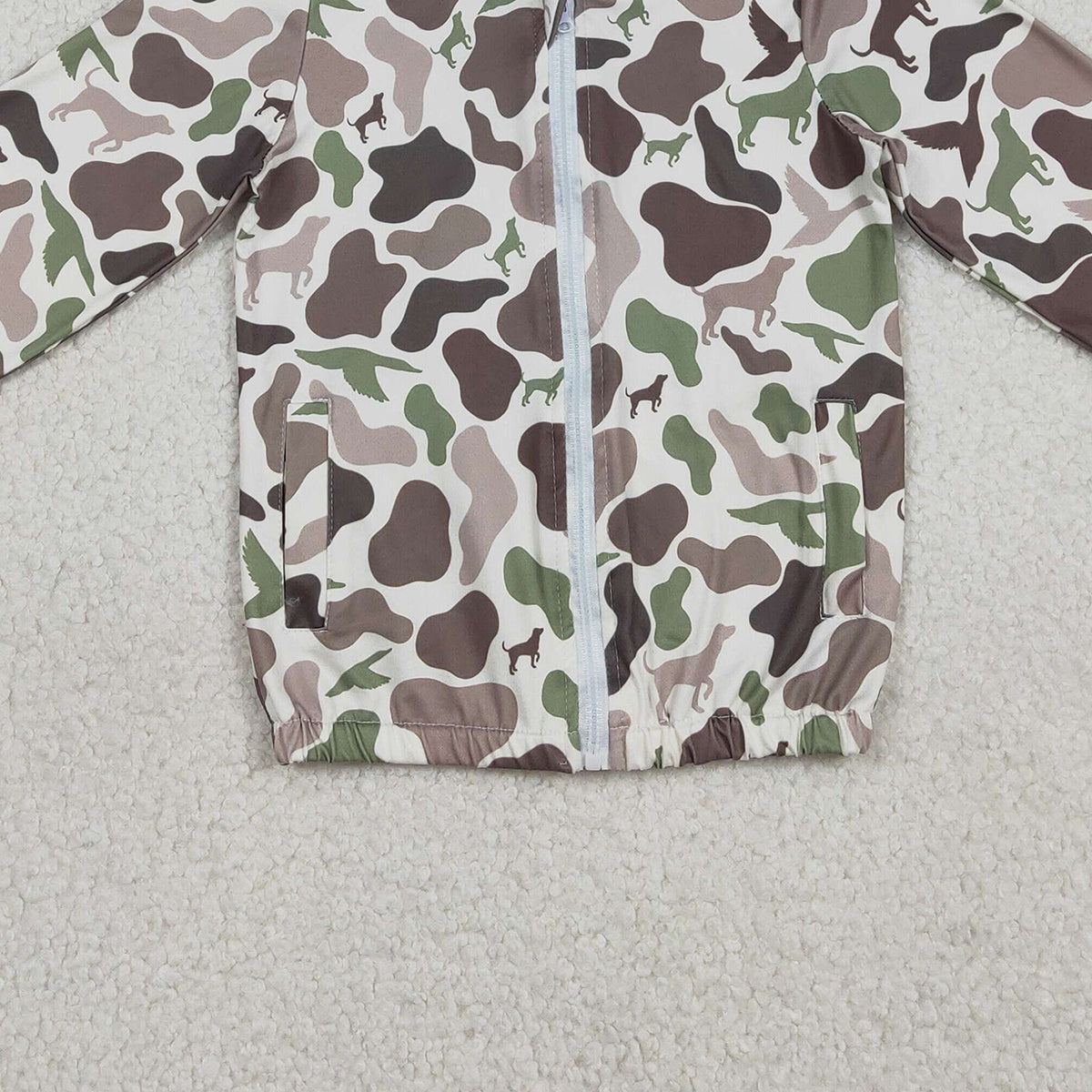 12.30 RTS NO MOQ （In stock）BT1343 Baby Boys Southern Hunting Ducks Dogs Camo Pocket Zipper Jackets Top