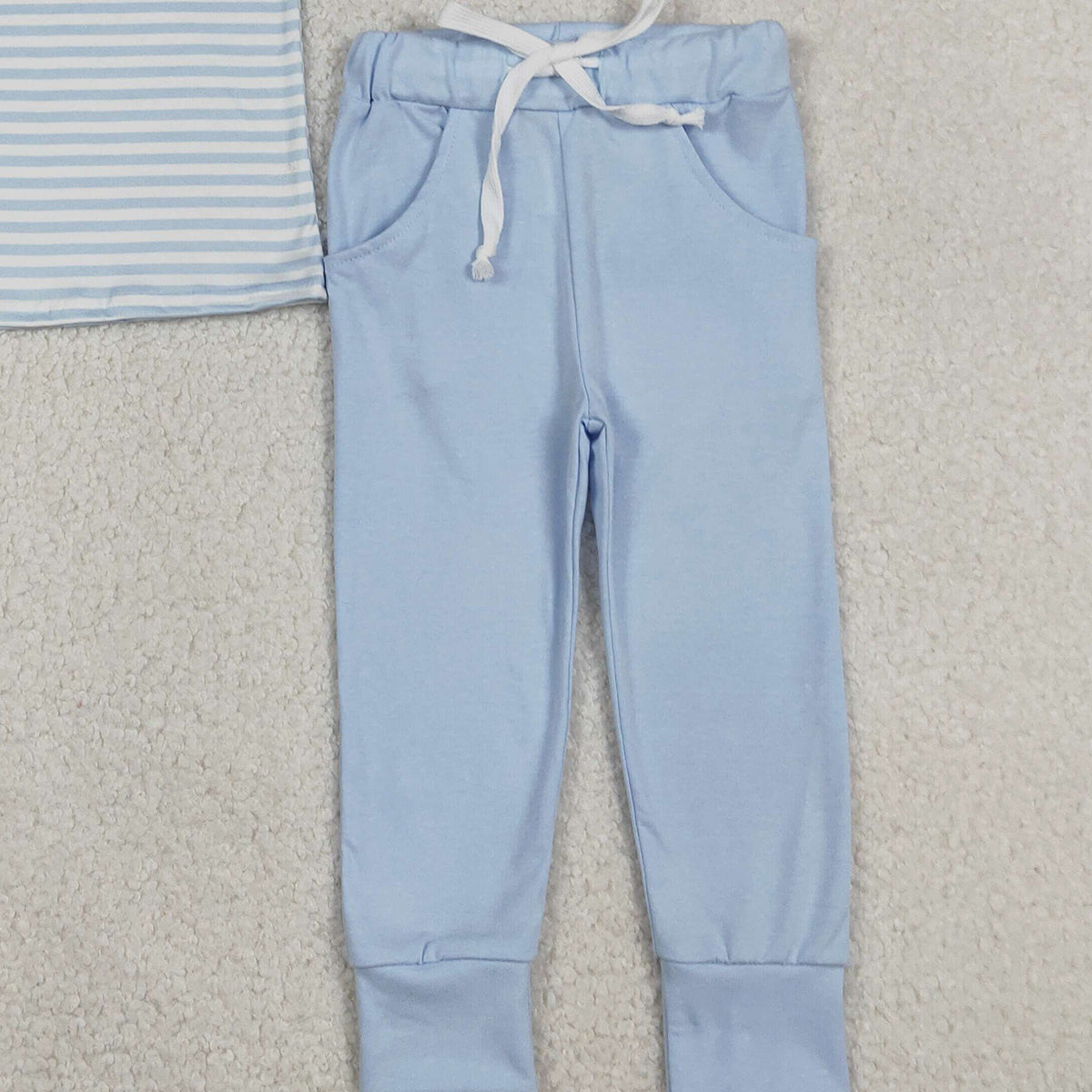 12.17 RTS NO MOQ （In stock）BSPO0616 Embroidery Crayfishes Baby Boys Blue Stripe Top Pockets Leggings Clothes Sets