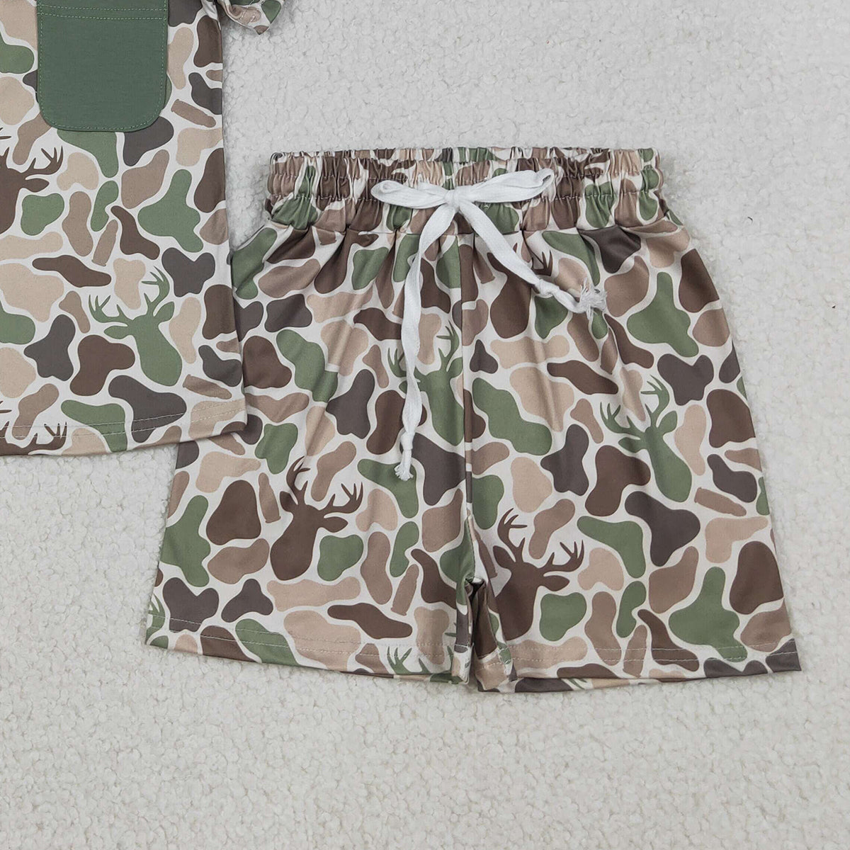 4.1 RTS NO MOQ （In stock）BSSO1792 Short sleeves pocket deer camo top shorts boys outfits