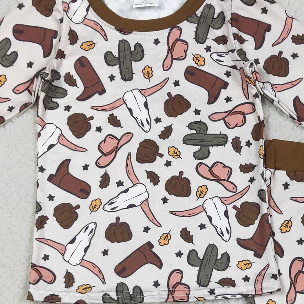 RTS NO MOQ （In stock）BLP1141 Baby Boys Winter Outfits Baby Boys Brown Western Bull Skull Cactus Top Pant Pajamas Sets