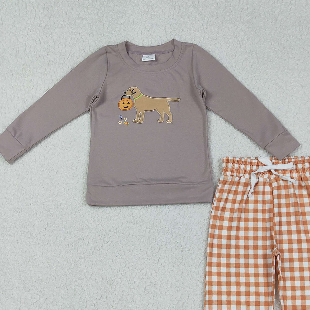 RTS NO MOQ （In stock）BLP1098 Baby Boys Winter Outfits Halloween Ghost And Pumpkins Dog Top with Orange Plaid Pants Outfit