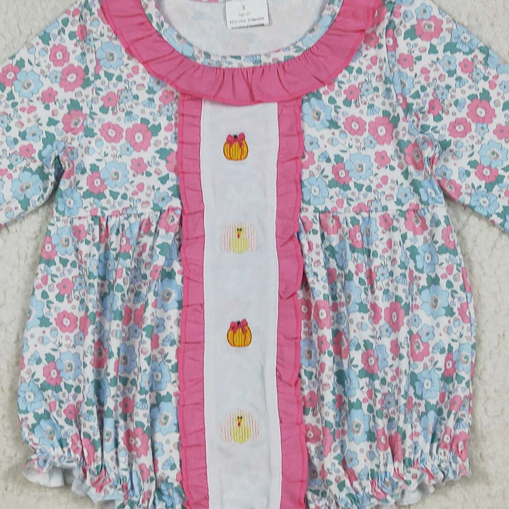 7.10 LR2219 RTS NO MOQ Baby Girls Winter Rompers Embroidery Baby Girls Long Sleeves Turkey Pumpkins Floral Ruffle Rompers