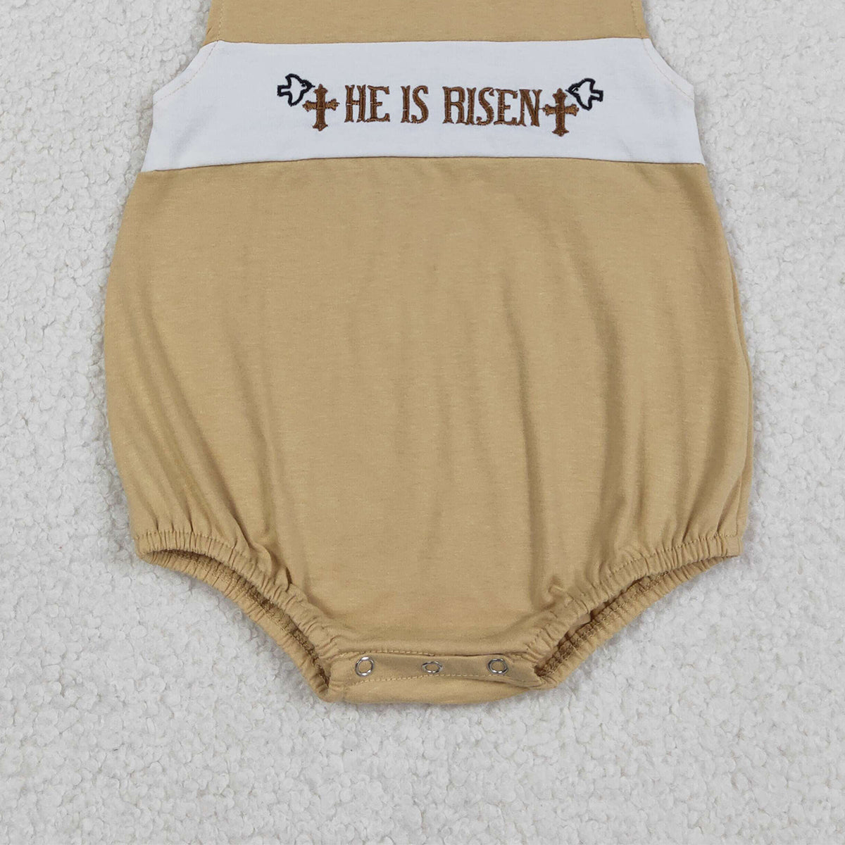 3.14 RTS NO MOQ （In stock）SR3547 Children's Fashion Romper Baby Boys Sleeveless Embroidery He is Risen Crosses Rompers