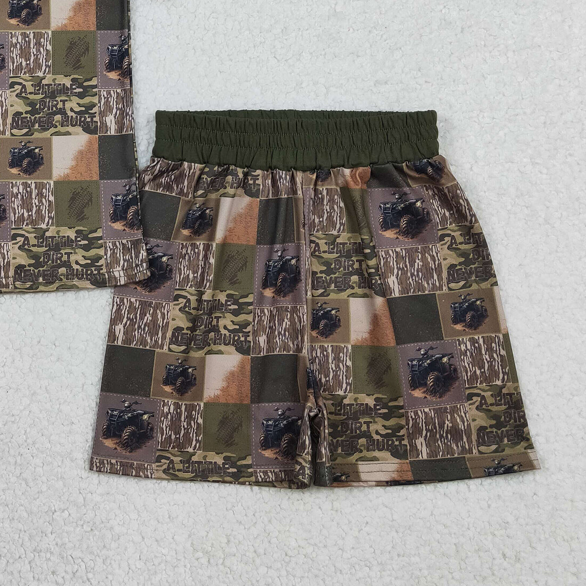 1.15 RTS NO MOQ （In stock）BSSO1801 Baby Boys Southern Olive Camo Checked Top Shorts Hunting Pajamas Sets