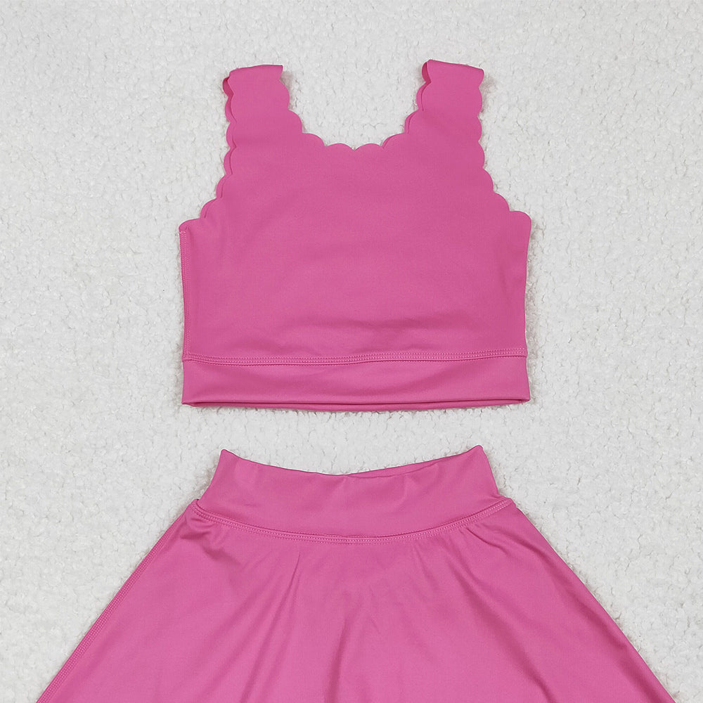 7.23  GSD2092 RTS NO MOQ Baby Girls Yoga Outfits Baby Girls Hot Pink Yoga Vest Skirt Active Wear Clothes Sets