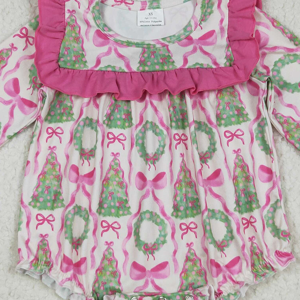 8.14  LR2202RTS NO MOQ Baby Girls Winter Rompers Baby Girls Long Ruffle Sleeves Trees Bows Ruffle Rompers